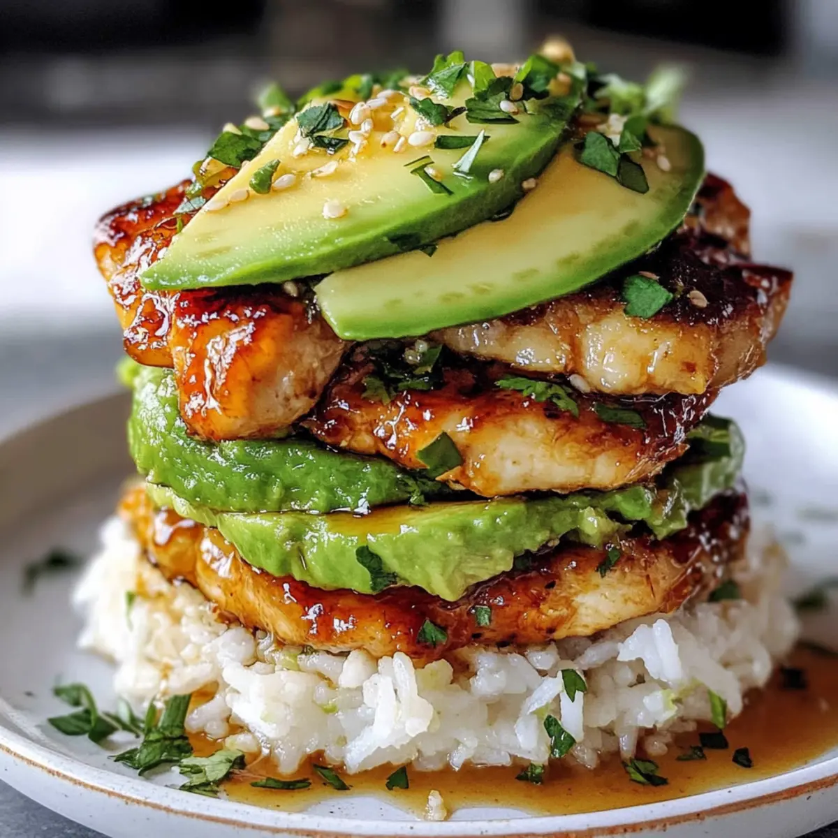 Honig-Limette-Hähnchen & Avocado-Reis-Stapel