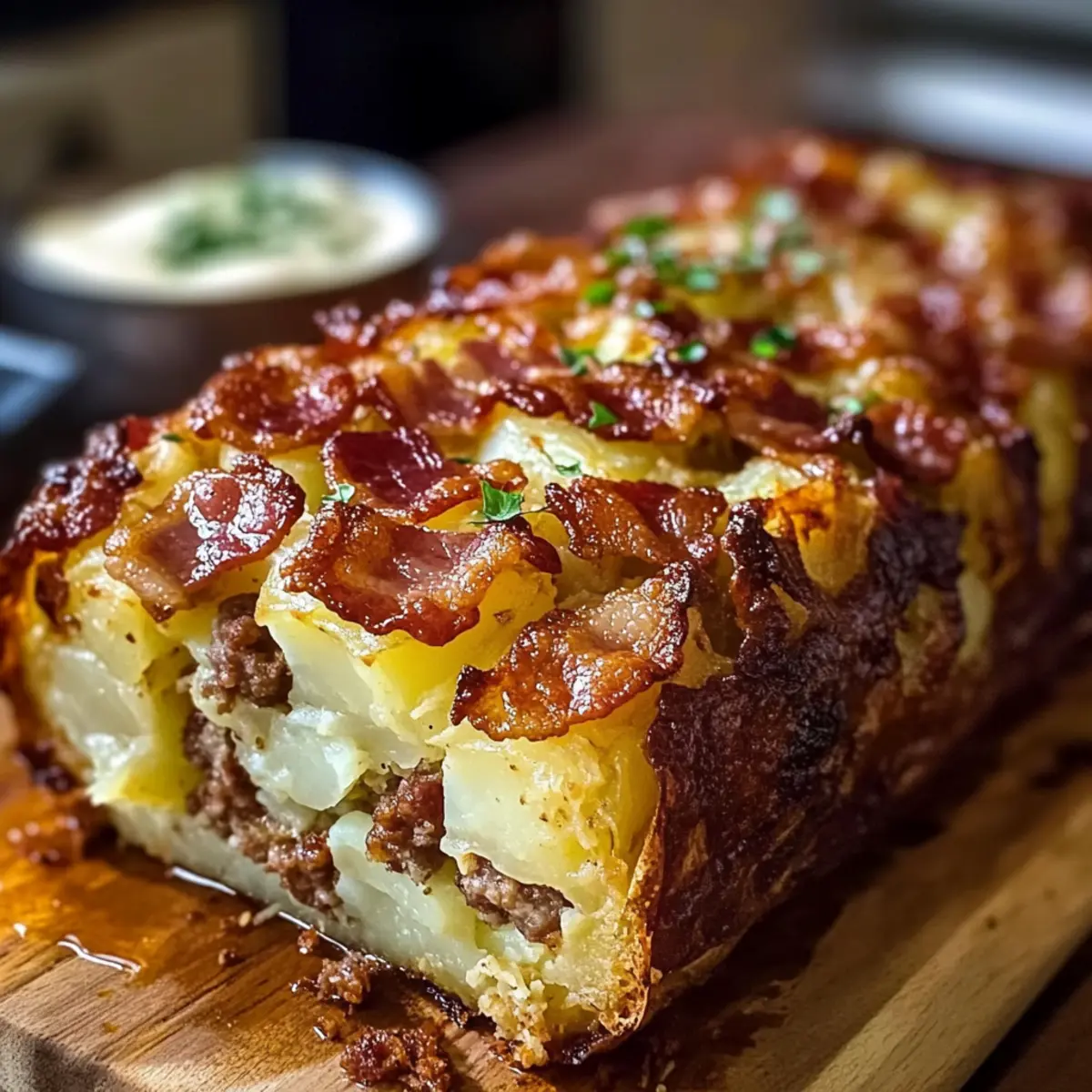 Bacon- und Würstchen-gefüllter Kartoffelbrotlaib