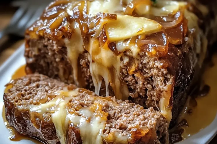 Crockpot Französischer Zwiebel-Fleischlaib mit geschmolzenem Käse für die ganze Familie