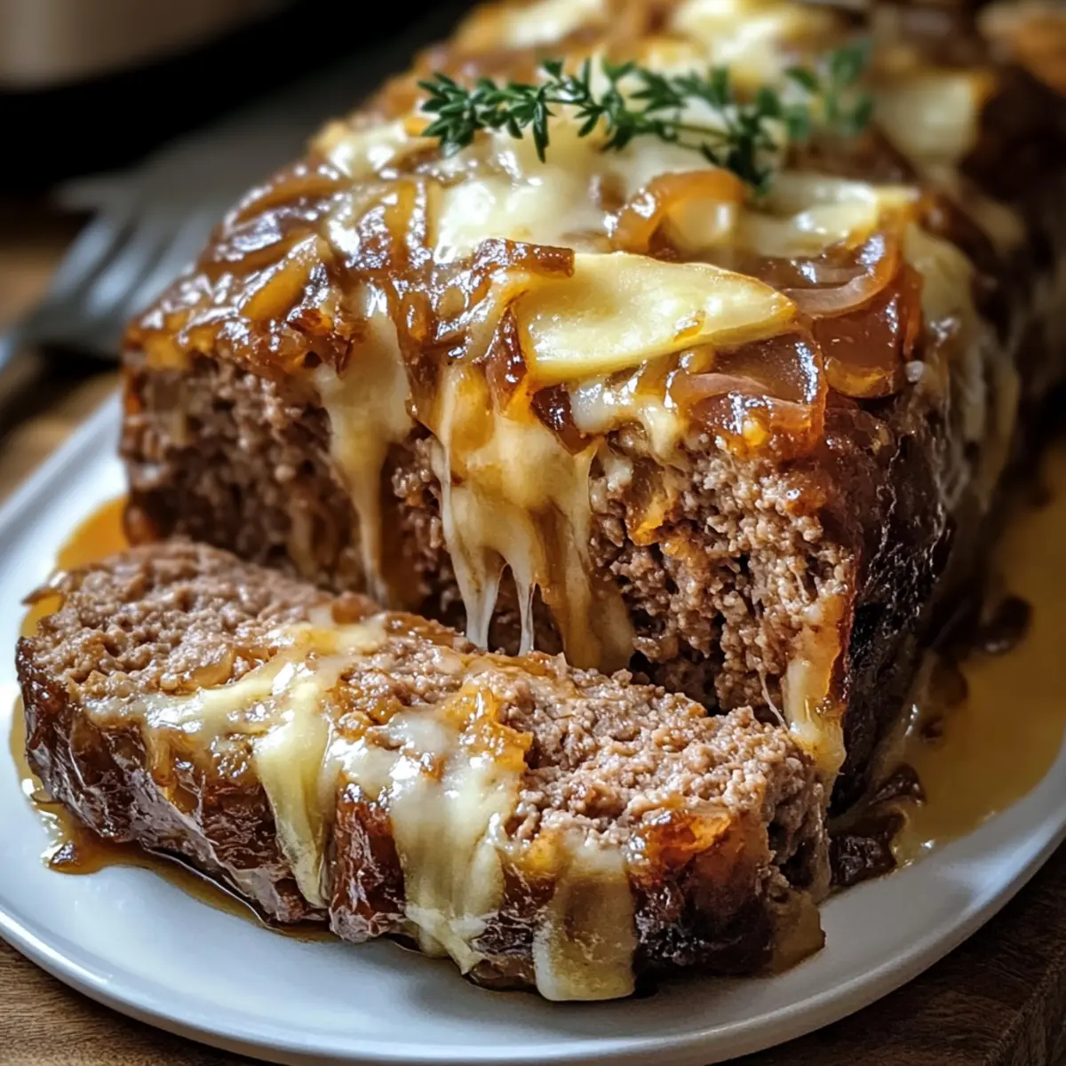 Crockpot Französischer Zwiebel-Fleischlaib mit geschmolzenem Käse für die ganze Familie