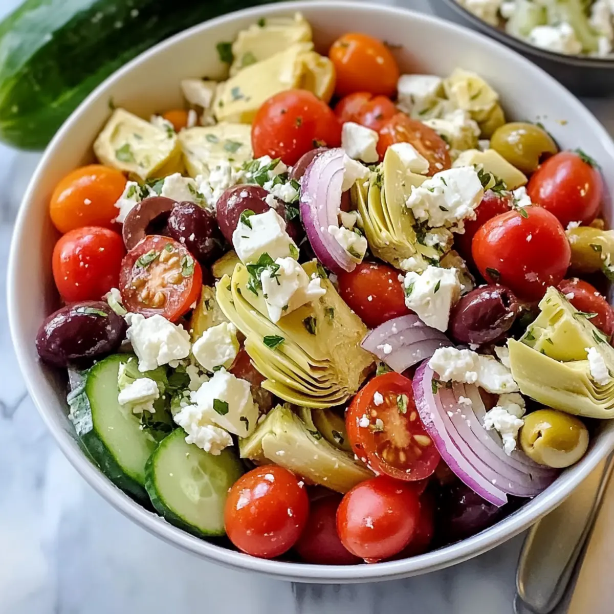 Mediterraner Artischockensalat Rezept Zutaten: - 1 Dose Artischockenherzen - 200 g Cherrytomaten - 1 kleine rote Zwiebel - 100 g schwarze Oliven - 100 g Feta-Käse - Frischer Basilikum - 4 EL Olivenöl - 2 EL Balsamico-Essig - Salz - Pfeffer Anleitung: 1. Artischockenherzen abtropfen lassen und in Stücke schneiden. 2. Cherrytomaten halbieren. 3. Rote Zwiebel fein würfeln. 4. Oliven entsteinen und halbieren. 5. Feta-Käse krümeln. 6. In einer großen Schüssel alle Zutaten vermengen. 7. Olivenöl und Balsamico-Essig hinzufügen. Mit Salz und Pfeffer abschmecken. 8. Mit frischem Basilikum garnieren und servieren.