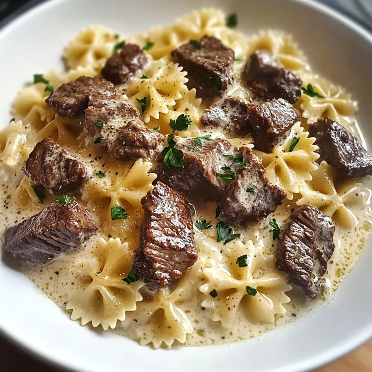 Rindfleisch-Farfalle-Alfredo Rezept Zutaten: - 250 g Farfalle - 300 g Rinderhackfleisch - 200 ml Sahne - 100 g Parmesan, gerieben - 1 Zwiebel, gewürfelt - 2 Knoblauchzehen, gehackt - 2 EL Olivenöl - Salz und Pfeffer nach Geschmack - Frische Petersilie zur Garnitur Anleitung: 1. Farfalle nach Packungsanweisung kochen, abtropfen lassen. 2. In einer Pfanne Olivenöl erhitzen, Zwiebel und Knoblauch anbraten bis sie goldbraun sind. 3. Rinderhackfleisch hinzufügen, gut anbraten und mit Salz und Pfeffer würzen. 4. Sahne in die Pfanne geben und zum Kochen bringen. 5. Parmesan unterrühren und die Sauce einige Minuten köcheln lassen. 6. Gekochte Farfalle mit der Sauce vermengen. 7. Mit frischer Petersilie garnieren und servieren.