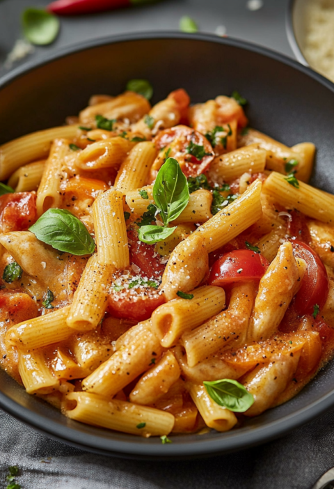 Nudeln mit Hühnchen in cremiger Paprika-Sahne-Soße