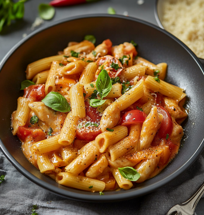 Nudeln mit Hühnchen in cremiger Paprika-Sahne-Soße 11 Nudeln mit Hühnchen in cremiger Paprika-Sahne-Soße