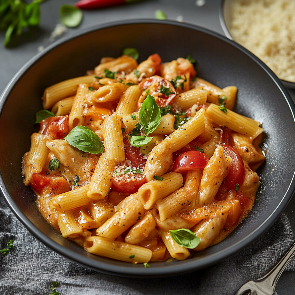 Nudeln mit Hühnchen in cremiger Paprika-Sahne-Soße 2 Nudeln mit Hühnchen in cremiger Paprika-Sahne-Soße